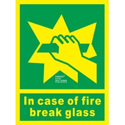 In Case Of Fire, Break Glass ,Glow In the Dark Photoluminescent Fire Safety Signs E14105